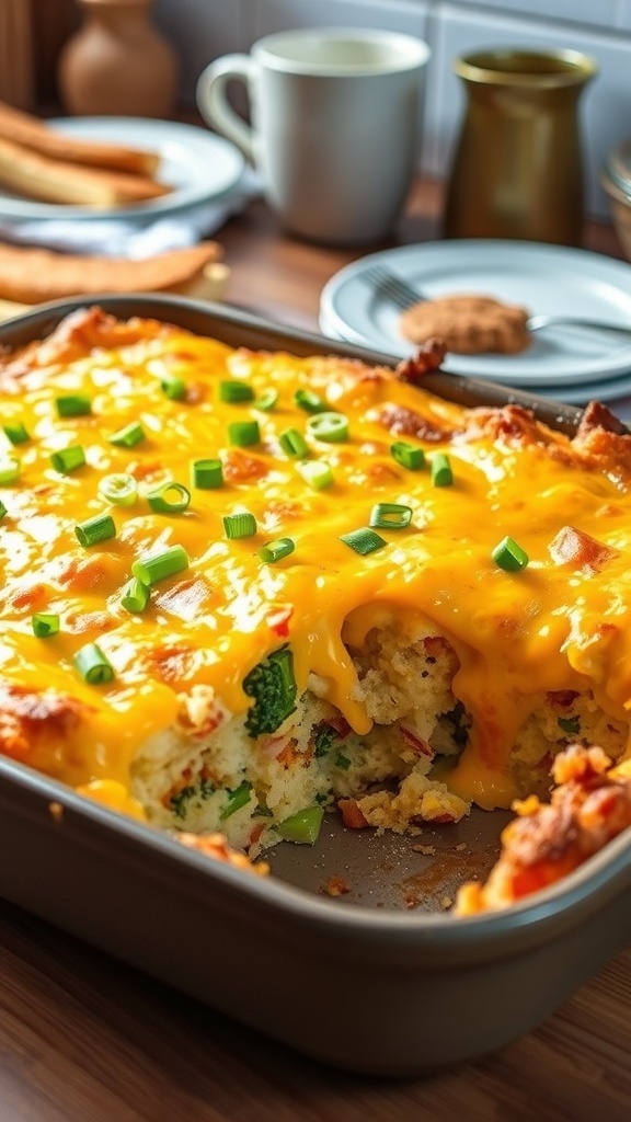 A hearty breakfast casserole with cheese, eggs, and vegetables, served in a rustic dish with green onions on top.